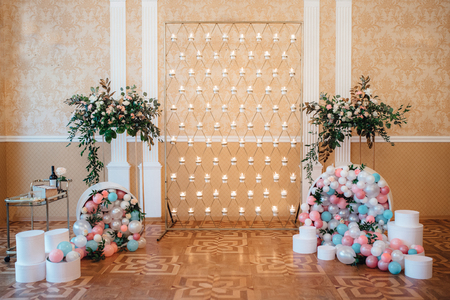 wedding ceremony area, arch chairs decorの写真素材