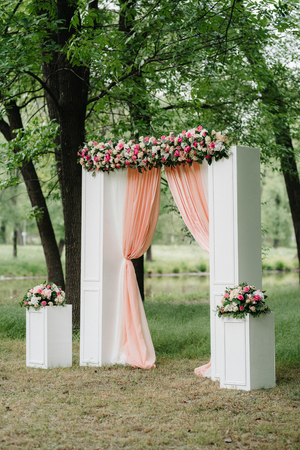 wedding ceremony area, arch chairs decorの写真素材