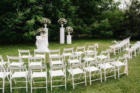 wedding ceremony area, arch chairs decorの写真素材