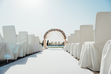 wedding ceremony area, arch chairs decorの写真素材
