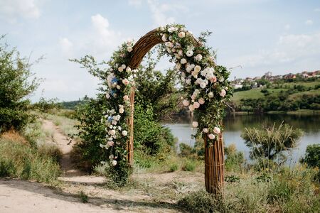 wedding ceremony area, arch chairs decorの写真素材