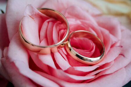 wedding rings with a wedding decorの写真素材