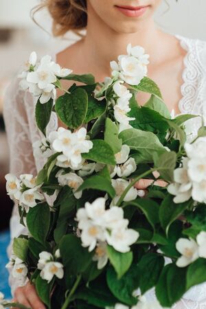 elegant wedding bouquet of fresh natural flowers and greeneryの写真素材