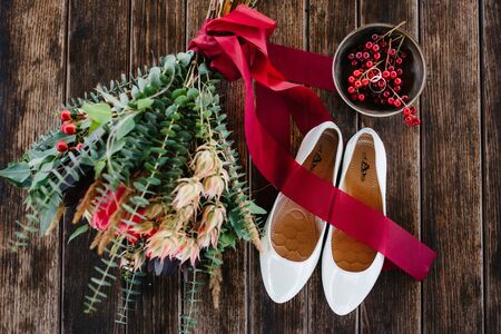 elegant wedding bouquet of fresh natural flowers and greeneryの写真素材