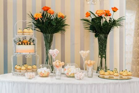 elegant wedding decorations made of natural flowers and green elementsの写真素材