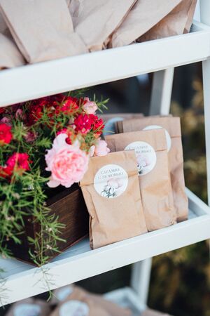 elegant wedding decorations made of natural flowers and green elementsの写真素材