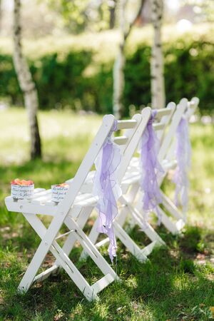 elegant wedding decorations made of natural flowers and green elementsの写真素材