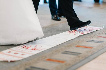wedding embroidered towel as a family heirloom for the bride and groomの写真素材