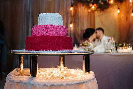 festive wedding sponge cake with white icing creamの写真素材