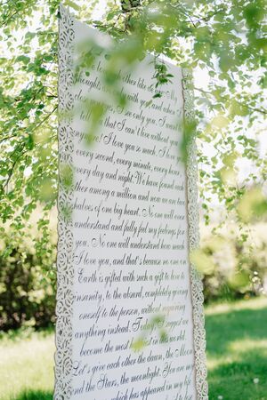 wedding ceremony in the woods among the trees on the green trackの写真素材