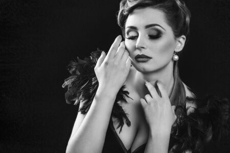 young brunette girl model and actress closeup portrait, black and whiteの写真素材
