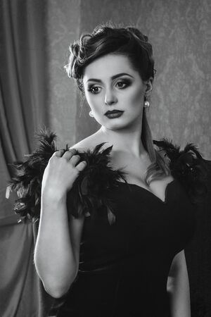 young brunette girl model and actress closeup portrait, black and whiteの写真素材