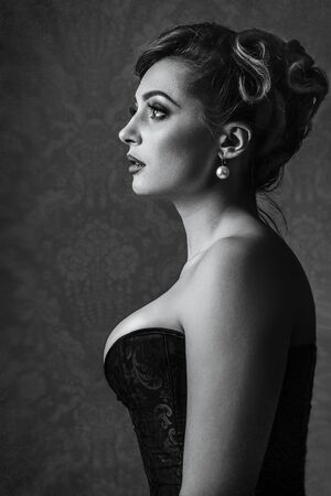 young brunette girl model and actress closeup portrait, black and whiteの写真素材