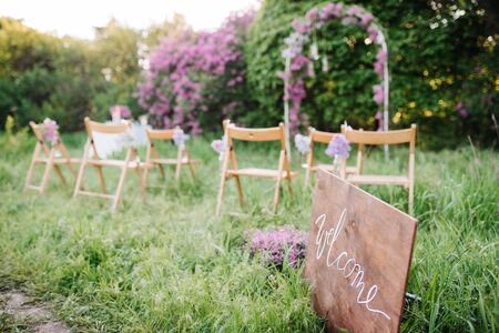 wedding ceremony in the woods among the trees on the green grassの写真素材