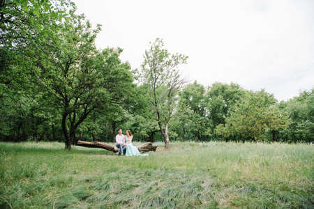 happy guy in a white shirt and a girl in a turquoise dress, the bride and groom are walking in the forest parkの写真素材