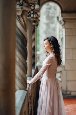 A girl in a light pink dress against the background of a medieval Polish stone castleの写真素材