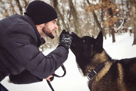 A man in a jacket and a knitted hat walks through a snowy forest with an American Akita dogの写真素材