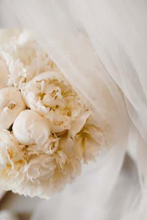 elegant wedding bouquet of fresh natural flowers and greeneryの写真素材