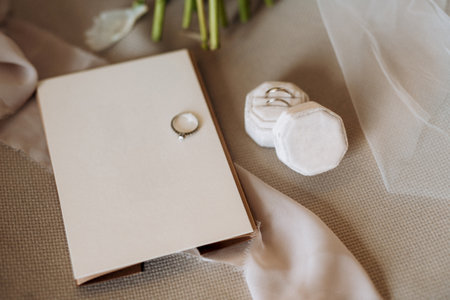 wedding rings with a wedding decorの写真素材