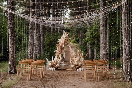 wedding ceremony area with dried flowers in a meadow in a pine brown forestの写真素材