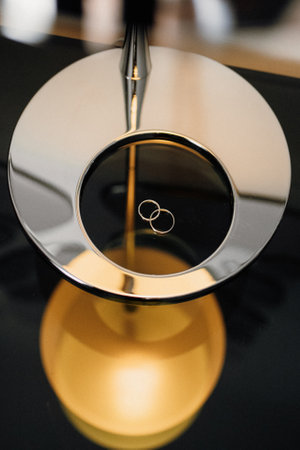 wedding rings with a wedding decorの写真素材