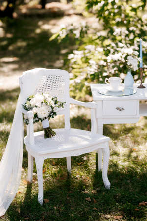 elegant wedding bouquet of fresh natural flowers and greeneryの写真素材