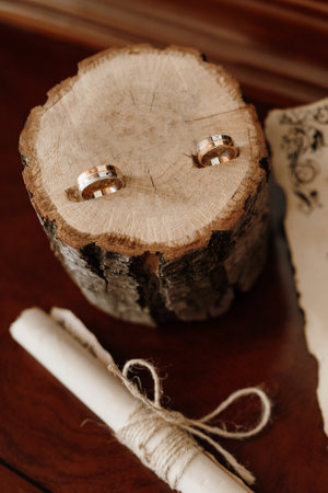 wedding rings with a wedding decorの写真素材