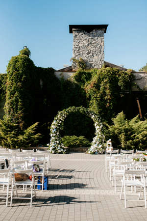 wedding ceremony in the woods among the trees on the green trackの写真素材