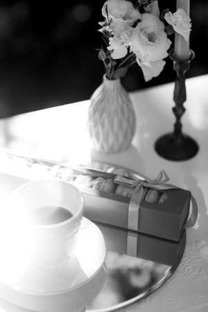 cappuccino on the background of painted tableclothsの写真素材