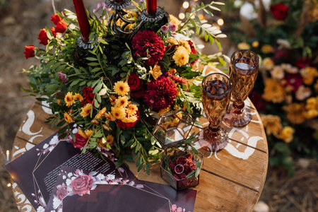 elegant wedding decorations made of natural flowers and green elementsの写真素材