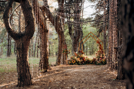 wedding ceremony area with dried flowers in a meadow in a pine brown forestの写真素材