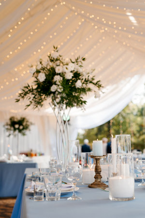 elegant wedding decorations made of natural flowers and green elementsの写真素材