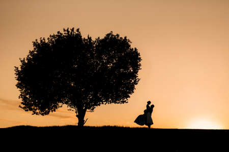 silhouettes of a happy young couple guy and girl on a background of orange sunset in the sand desertの写真素材