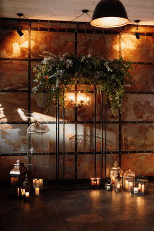 wedding ceremony area in brown oothenes with wood and rusty metalの写真素材
