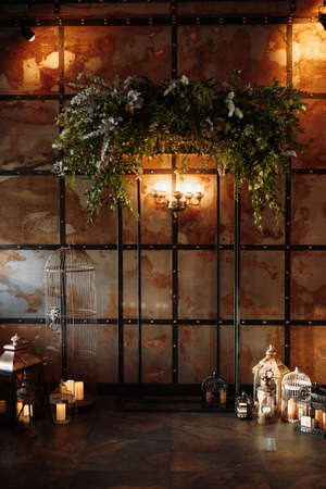 wedding ceremony area in brown oothenes with wood and rusty metalの写真素材