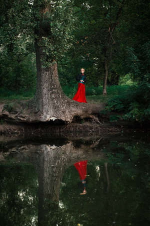 Girl model with white hair in a retro dress with ruffles in a green parkの写真素材