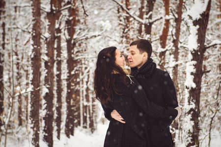 A guy and a girl in warm clothes and scarves on a walk in the snowy forest and in the fieldの写真素材
