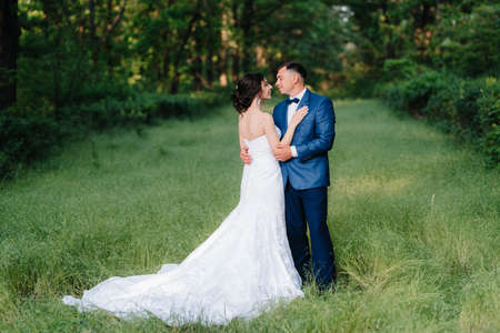 A couple in love a guy and a girl on a walk in the forest beltの写真素材