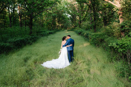 A couple in love a guy and a girl on a walk in the forest beltの写真素材