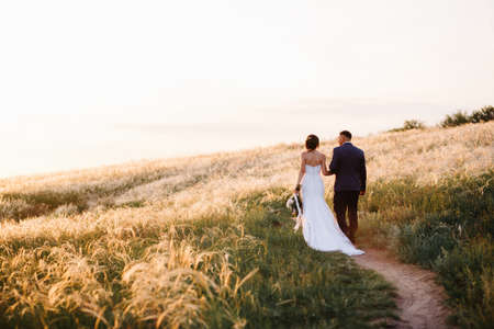 A couple in love a guy and a girl on a walk in the forest beltの写真素材