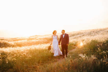 A couple in love a guy and a girl on a walk in the forest beltの写真素材
