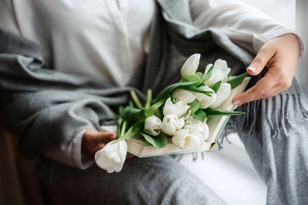 elegant wedding bouquet of fresh natural flowers and greeneryの写真素材