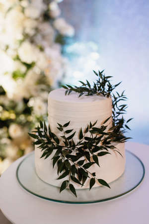 white wedding cake at the wedding of the newlywedsの写真素材