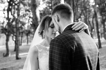 walk of the bride and groom through the autumn forest in Octoberの写真素材