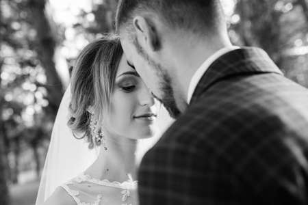 walk of the bride and groom through the autumn forest in Octoberの写真素材