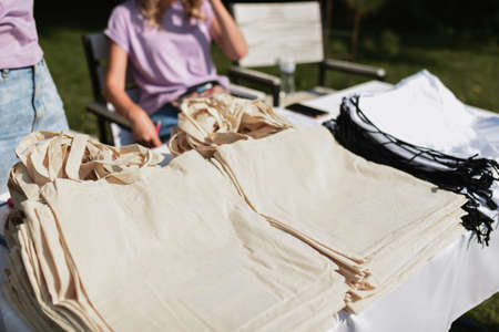 sale on the market of ecological bags for going to the grocery storeの写真素材
