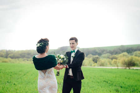 the groom in a brown suit and the bride in an ivory-colored dress on a green field receding into the distance against the skyの写真素材