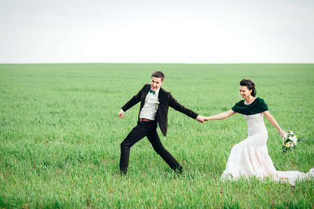 the groom in a brown suit and the bride in an ivory-colored dress on a green field receding into the distance against the skyの写真素材
