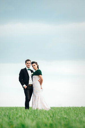 the groom in a brown suit and the bride in an ivory-colored dress on a green field receding into the distance against the skyの写真素材