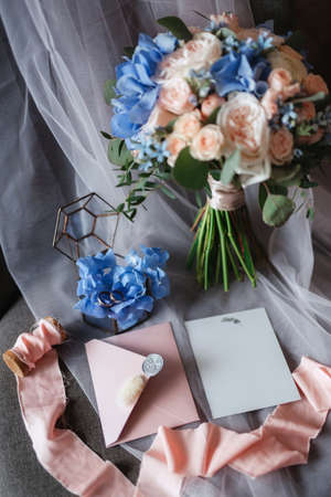 elegant wedding bouquet of fresh natural flowers and greeneryの写真素材